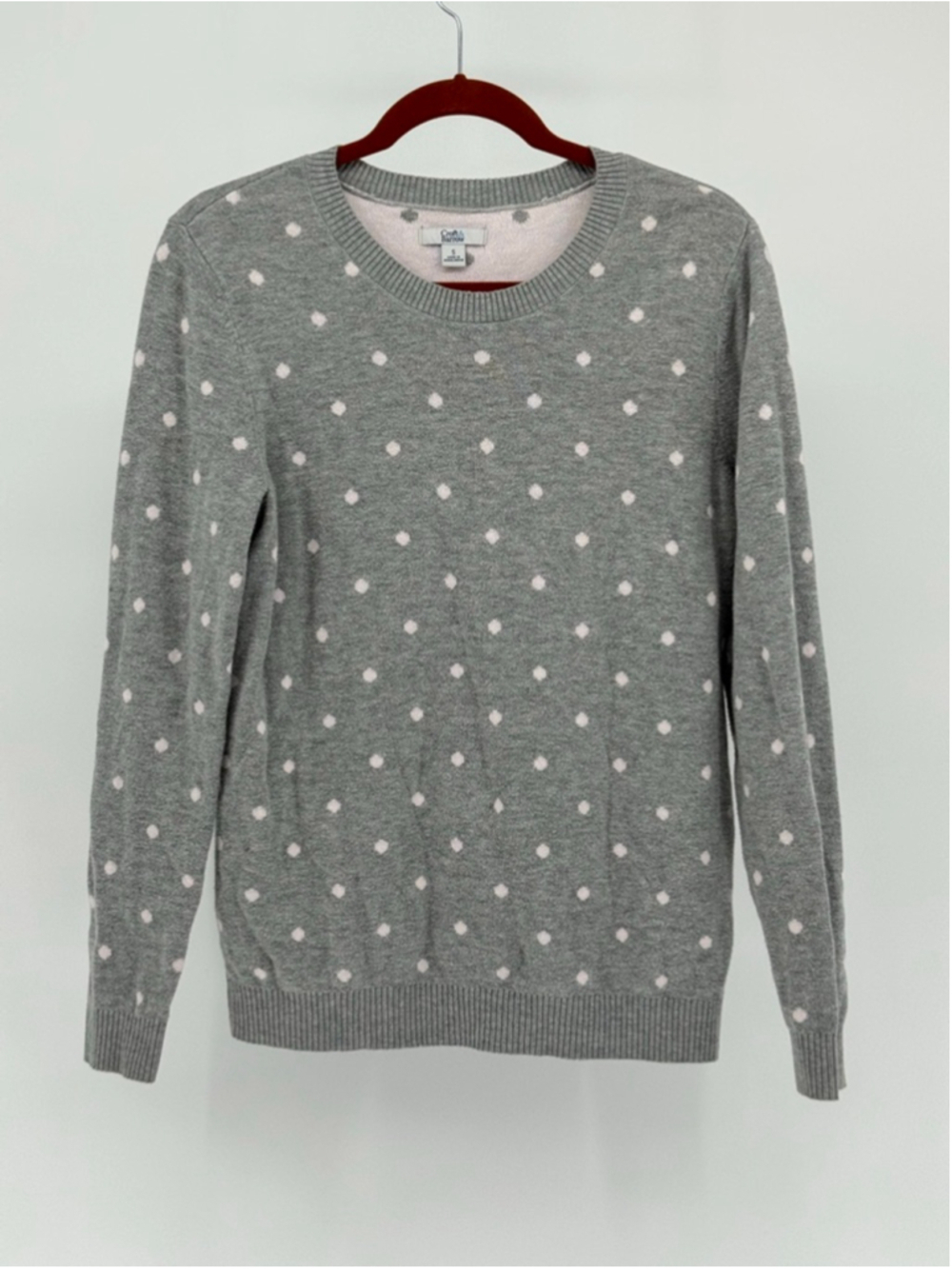 Croft & Barrow Women's Crew Neck Sweater Small Gray Pink Polka Dot